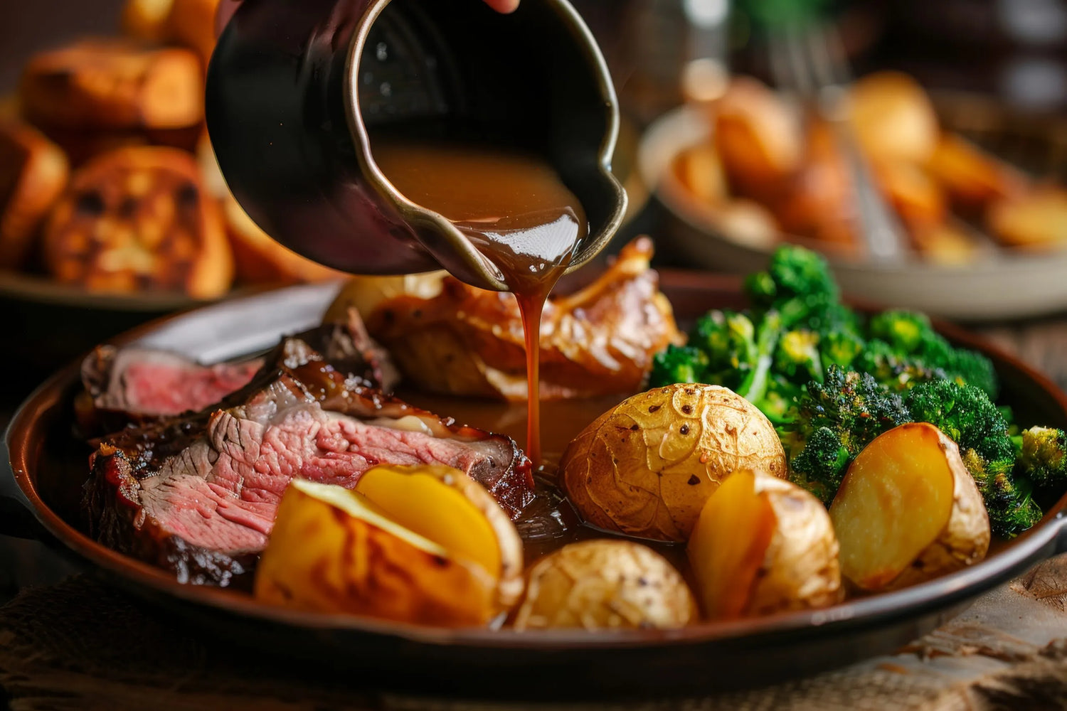Chefs Beef Red Wine Jus on meat and vegetables