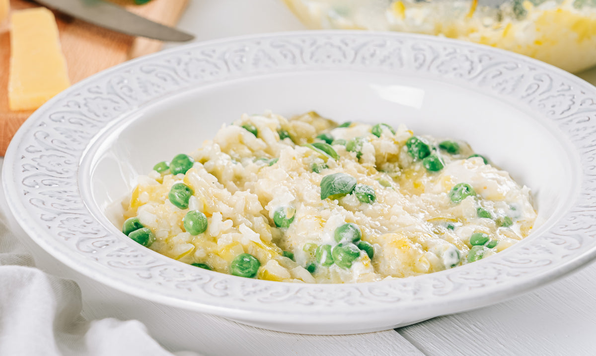 Leek, Saffron & Pea Risotto by Bistro Chef, topped with parmesan