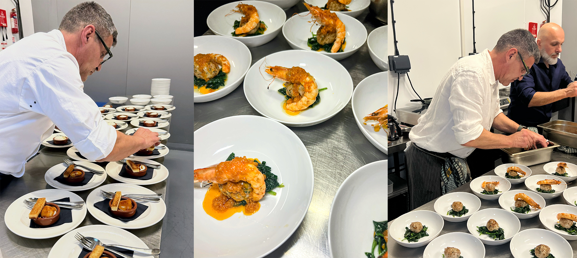 Two chefs preparing and plating dishes in a kitchen setting.
