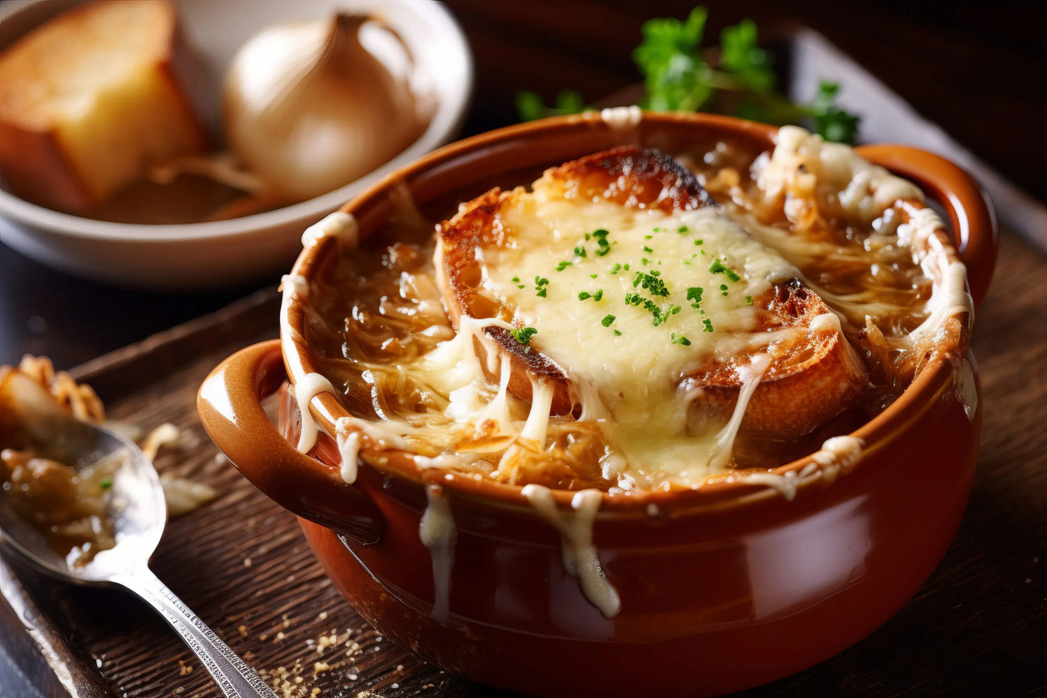 French onion soup with toasted bread and melted cheese in a terracotta bowl on a wooden table.